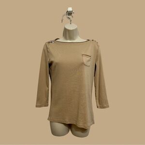 Lauren Ralph Lauren Cotton 3/4 Sleeve Tee Tan Boat Neck 100% Cotton M
